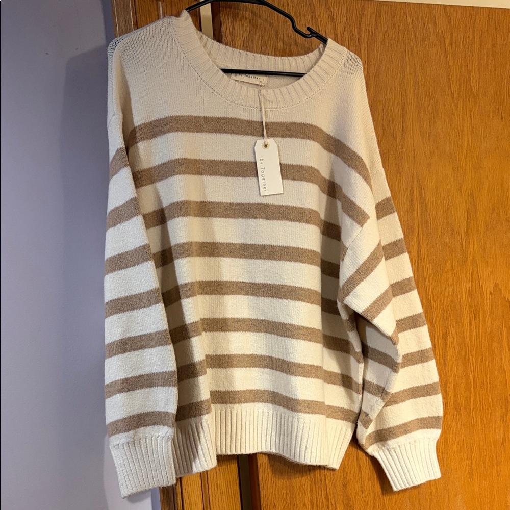 By Together Cream and Tan Striped Crewneck Sweater